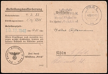 1940 (10 Dec) Cologne, Third Reich, Germany, Summons for Military Service ('The Police Chief in Cologne' Handstamp, Used)