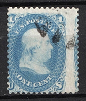 1861 1c Franklin, United States, USA (Scott 63, Blue, SHIFTED Perforation, Used, CV $45)