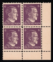 1944 6pf American Propaganda Forgery of Hitler Issue, Anti-German Propaganda, Block of Four (Mi. 15, Corner Margins, CV $500, MNH)