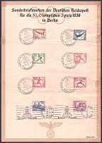 1936 (16 Aug) 'Special stamps of the German Reichspost for the 11th Olympic Games 1936 in Berlin', Third Reich, Germany, Souvenir Sheet franked with full set of Mi. 609 - 616 (Commemorative Cancellations)