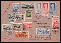 1934 Russia USSR Air Mail Leningrad cover multifranked 1924 Airplane  + 1933 Stratostat full set  + 1931 15k Airship + 1933 Ethnic part-set  to Switzerland Schweiz Suisse