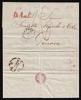 1854 (24 Nov) Russian Empire, Stampless Letter from Odessa to Genoa (Italy) via Vienna (Austria) ('Odessa' in circle postmark, Red boxed postmark, Red 'D.A.a.L' marking, CDS on back side)