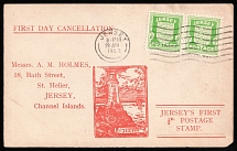 1942 (29 Jan) Jersey, German Occupation, Germany, FDC Postcard from and to Jersey franked with pair of 0.5p (Mi. 1, CV $40)