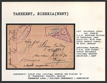 1917 Bilingual (Russian, French) P.O.W. Postcard printed in Turkestan, from Aulie-Ata, with Turkestan Transit Cancel, to Vacz, Hungary. TASHKENT Censorship: violet oval (49 x 27 mm) Reading, showing the missing 