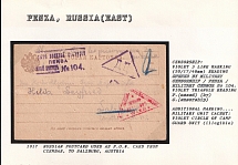 1917 Russian Postcard used as P.O.W. Card from Czembar, to Salzburg, Austria. PENZA Censorship: violet 3 line marking (50/17/48 mm), Violet triangle reading