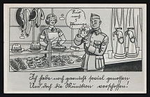 1936-1944 'At the Counter' Military Caricature Propaganda Postcard, Third Reich Nazi Germany, Mint