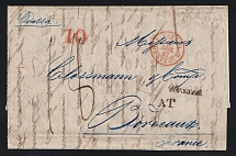 1842 (24 Oct) Russian Empire, Stampless Letter from Odessa to Bordeaux (France) (Odessa boxed two-line postmark, Red '10' marking, 'Russie' and 'AT' markings, Red CDS, CDS on back side)