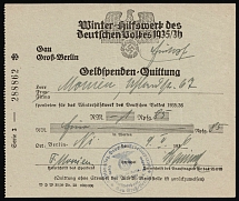 1936 (9 Feb) Third Reich, Germany, Berlin, Cash Donation Receipt 85rpf for 'Winter Relief Organization'