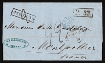 1864 Russian Empire, Stampless Letter from Odessa to Montpellier (France) ('Odessa' in Rhombus postmark, Blue 'S. Kellner and Co Odessa' and Black 'Porto 3' in Oval postmark, 'Breslau Berlin' marking, Triple CDS on back side and Blue CDS)