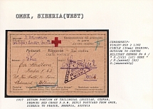 1917 Return Portion of Trilingual (Russian, German, French) Red Cross P.O.W. Reply Postcard from Omsk, Siberia to Prague, Bohemia, Austria. OMSK Censorship: violet-red 2 line circle (34 mm) reading, outside to centre