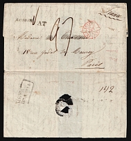 1842 (31 Jul) Russian Empire, Stampless Letter from Odessa to Paris (France) ('Odessa 31 Jul 1842' boxed two-line postmark, 'Russie' and 'AT' markings, Red CDS)