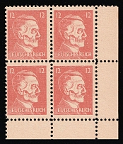 12pf Hitler-Skull, 'Futsches Reich', Private Propaganda Forgery of Hitler Issue, Anti-German Propaganda, Corner Block of Four, Margins (Mi. 17, CV $620+, MNH)