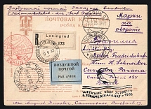 1933 Russia USSR Zeppelin Post LZ 127 South America Flight Pictorial pmk AIR POST / LENINGRAD - BERLIN registered postcard PPC (painting V. Polenov Nile Egypt)  fr. 10k x 2 + 1r Airships via Friedrichshafen Germany to Brazil Air Mail