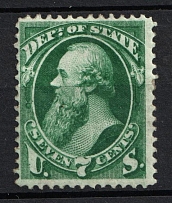 1873 7c Stanton, Official Mail Stamps 'State', United States, USA (Scott O61, Dark Green, CV $290)