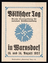 1927 'Völlischer Tag Large Rally for National Self-government in Warnsdorf 13 and 14 August 1927', Propaganda Label Stamp, Third Reich Nazi Germany