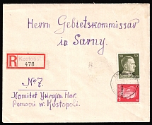 1943 (11 Jul) Ukraine, German Occupation, Germany, Registered Cover from Kostopil to Sarny franked with 12pf and 30pf (Mi. 8, 14)