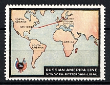 1910s USA-Russia ROSSICA Russian America Shipping Line New York-Libau map flags poster stamp vignette label