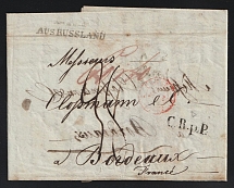 1844 (31 Jan) Russian Empire, Stampless Letter from Odessa to Bordeaux (France) via Berlin (Germany) ('Odessa 31 Jan 1848' boxed two-line postmark, 'Ausrussland' and 'C.R.p.P' markings, Red CDS, Double CDS on back side)