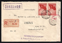 1940 Russia USSR Moscow Techopromimport commercial censored registered cover fr. Air Post Noth Pole Flight 80k pair German censorship seal to Wien Vienna Ostmark Germany