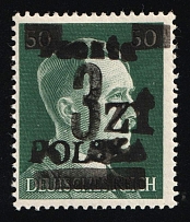 1945 3zl on 50pf Legnica Local Issue on Hitler's Head, Poland (Fischer 12, CV $80)