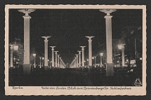 1939 'Berlin. Under the Linden trees. View of the Brandenburg Gate. Night shot.', Propaganda Postcard, Third Reich Nazi Germany