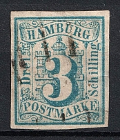 1859 3s Hamburg, German States, Germany (Mi. 4, Used, CV $210)