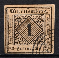 1851 1kr Wurttemberg, German States, Germany (Mi. 1, Canceled, CV $170)