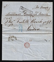 1864 (17 May) Russian Empire, Stampless Letter from Mariupol to Genoa (Italy) via Odessa ('1864 Odessa 23' in Rhombus postmark, Red and Black boxed postmarks, Oval Postmark, Triple CDS on back side)