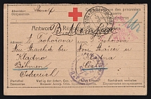 1917 WWI Russia POW mail censored Red Cross reply stationery card Czech prisonner of war pmk PADBRINSKOYE Rural PO Tobolsk Govt Siberia to Austria Bohemia double censorship Omsk and Vienna