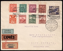 1929 (6 May) Czechoslovakia, Airmail Registered Express Cover from Uzhhorod (now Ukraine) to Ostrava franked with 20h, 25h, 30h, 40h