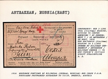 1916 Response Portions of Bilingual (German, Russian) Red Cross P.O.W. Postcards postmarked Astrakhan to Ticin, Bohemia, Austria. ASTRAKHAN Censorship: red 3 line oval（51 x 34 mm) reading outside to centre