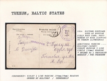 1914 Picture Postcard used as Russian Field Postcard, postmarked Atriga (Latvia) to Tukkum (Lithuania). TUKKUM Censorship: violet 2 line marking (59 mm/ 29 mm) reading