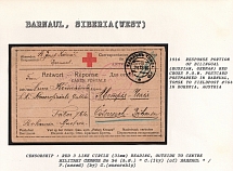 1916 Response Portion of Bilingual (Russian, German) Red Cross P.O.W. Postcard postmarked in Barnaul, Tomsk to Fieldpost #764 in Bohemia, Austria. BARNAUL Censorship: Red 3 line circle (31 mm) reading, outside to centre