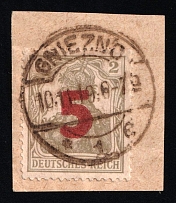 1919 5f on 2pf Poland on piece (Mi. 135, Gniezno Postmark, CV $240)