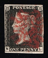 1840 1d Victoria Penny Black 'NL', Great Britain (Stanley Gibbons 2, Red Maltese Cross Postmark, CV $360)