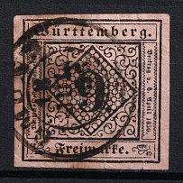 1851-52 9kr Wurttemberg, German States, Germany (Mi. 4, Used, CV $70)