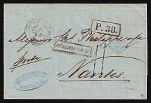 1867 (18 Jul) Russian Empire, Stampless Letter from Saint Petersburg to Nantes (France) via Paris (France) ('Saint Petersburg 18 Jul 1867',  'P.38.' and 'Not franked' in boxed and Blue 'George Schweyer St. Petersburg' Oval Postmarks, Signed)