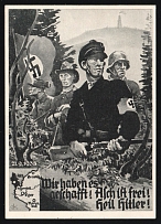 1938 'We Did it! Alcht is Free! Heil Hitler!', Propaganda Postcard, Third Reich Nazi Germany (Grey printing)