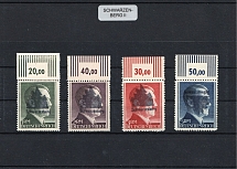 1945 SCHWARZENBERG II Local Issue 1RM - 5RM, Germany, Overprint on Hitler's head (Mi. 20 II - 23 II, 5RM - INVERTED Overprint, Margins, Plate Numbers, MNH)